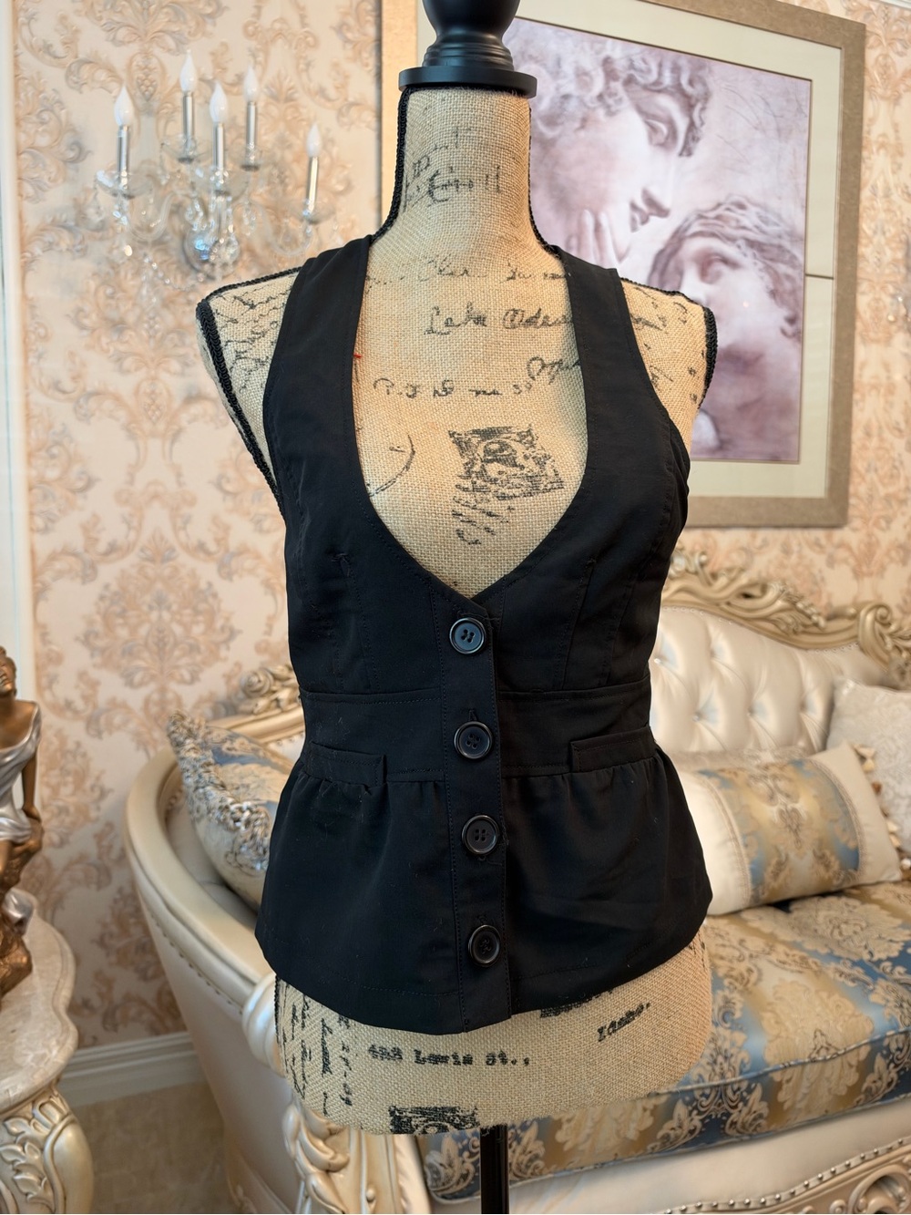 Cherish Black Button-Front Sleeveless Vest Bodysuit